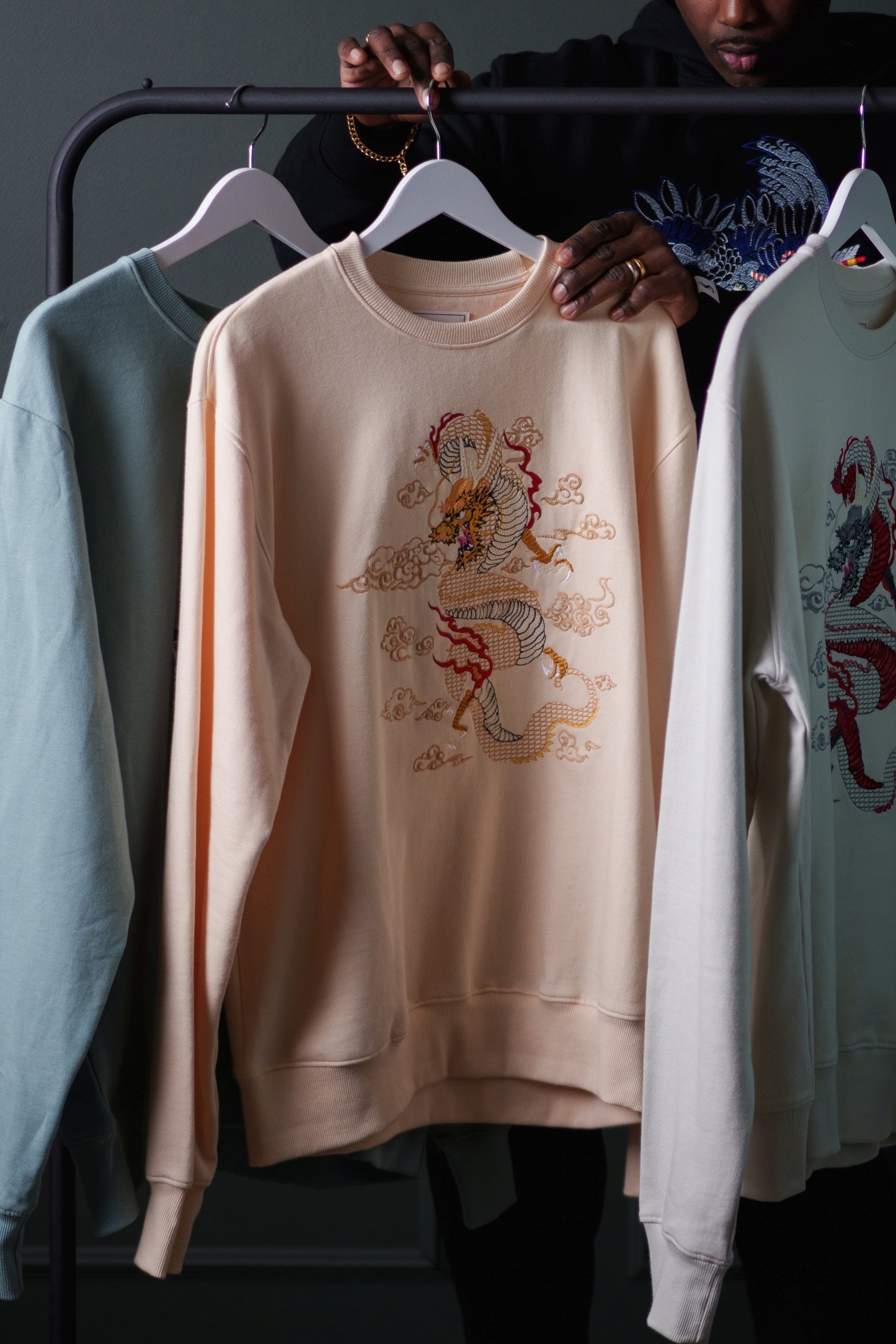 Dragon Embroidered Sand Gold Crew Sweater